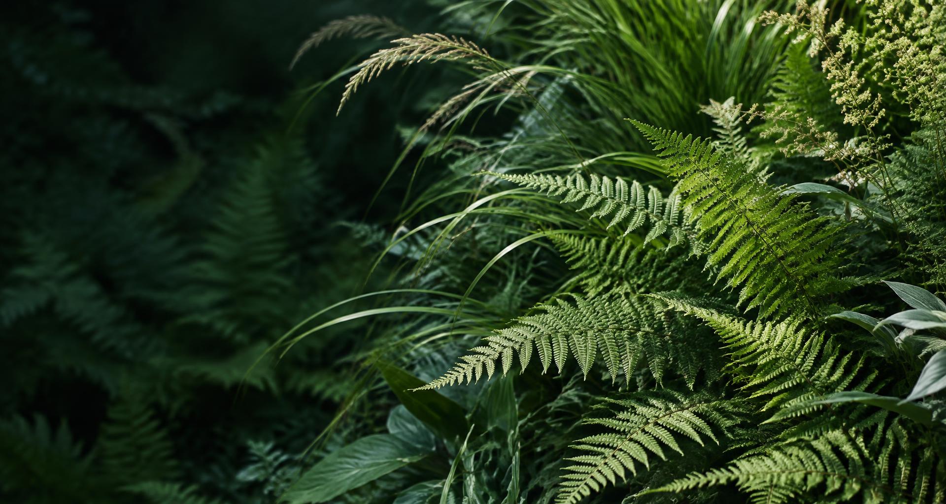 Fern fronds and garden grasses — botanical illustration